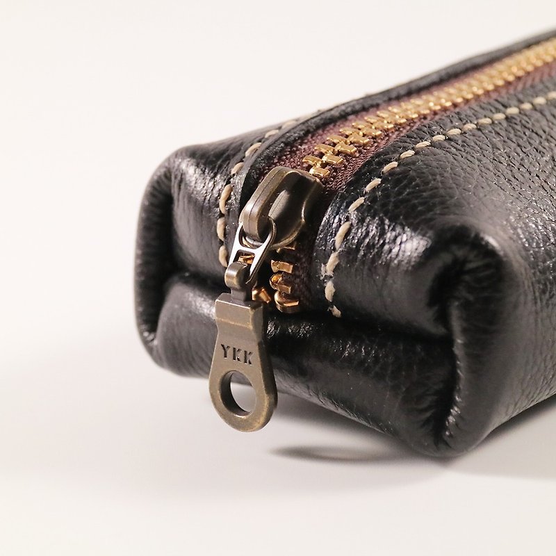 Classic leather pencil case/storage bag - black glossy small pebble pattern + Brown zipper - Pencil Cases - Genuine Leather Black