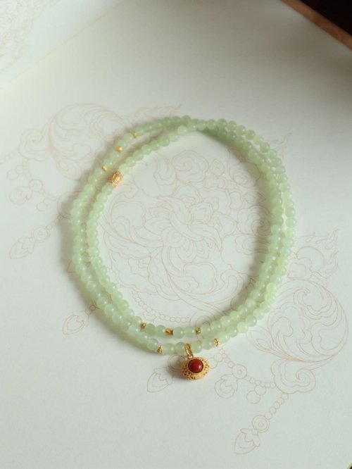 Angel's tears 天使之淚 Jewelry Design 天然和田玉/和闐玉-黃口玉 銀鑲南紅設計多圈手串項鍊s