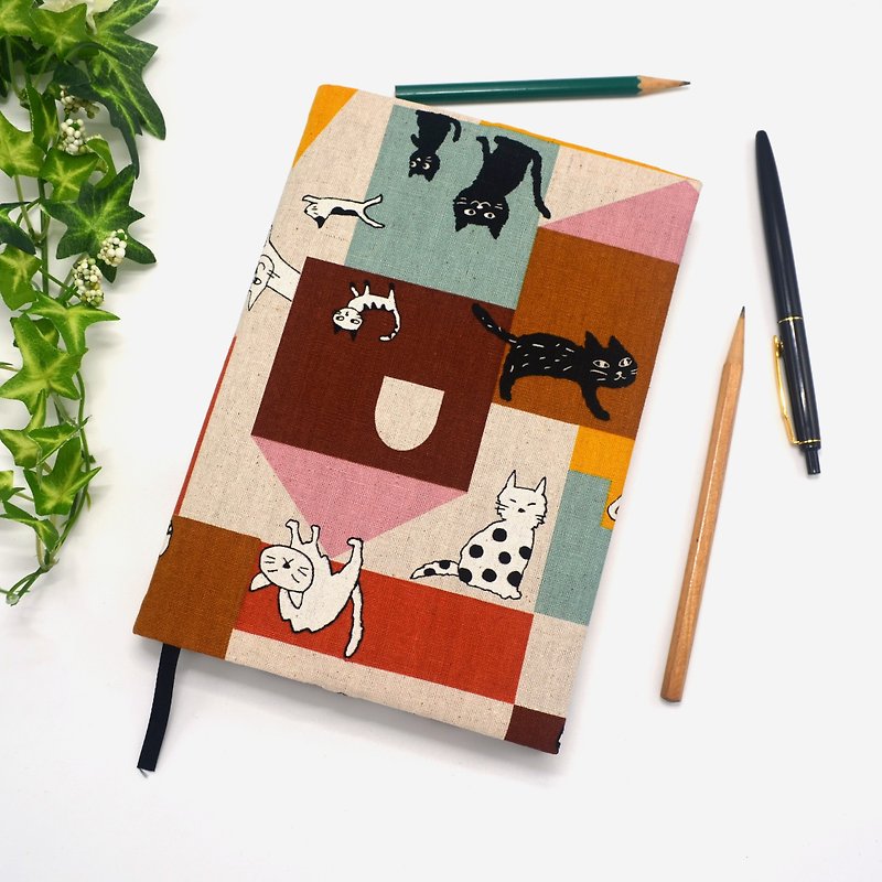 cats at play book cover with bookmark handmade - Book Covers - Cotton & Hemp Brown