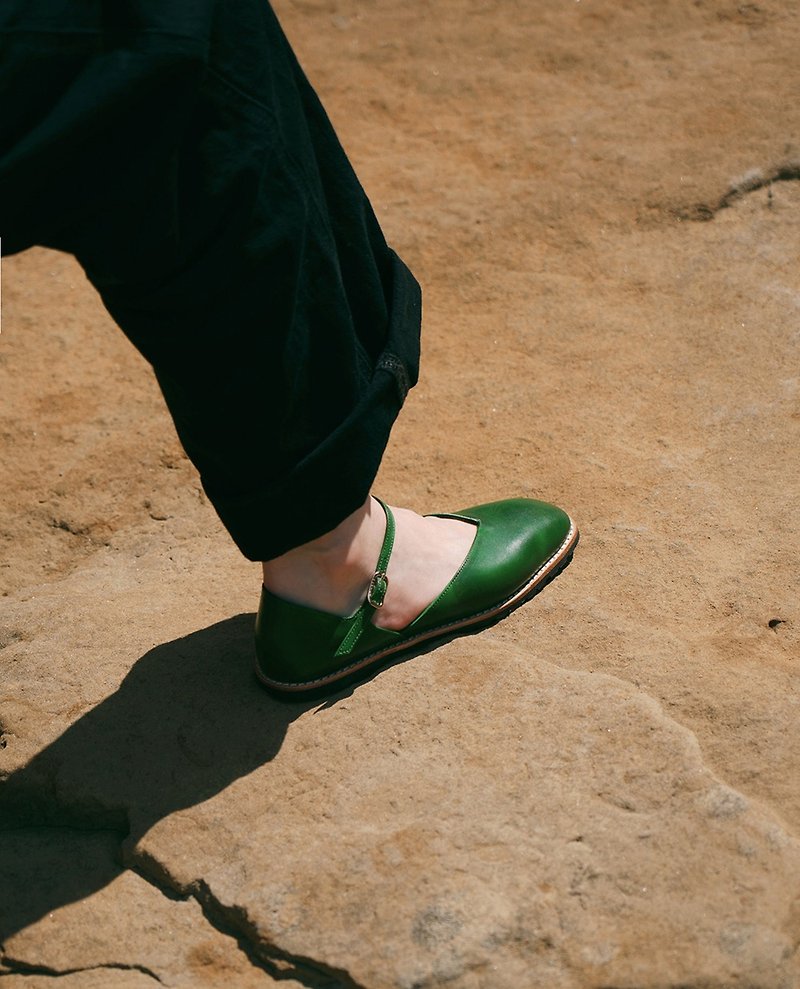 Lely Ankle Strap Ballet Flats - Emerald Green - รองเท้าบัลเลต์ - หนังแท้ สีเขียว