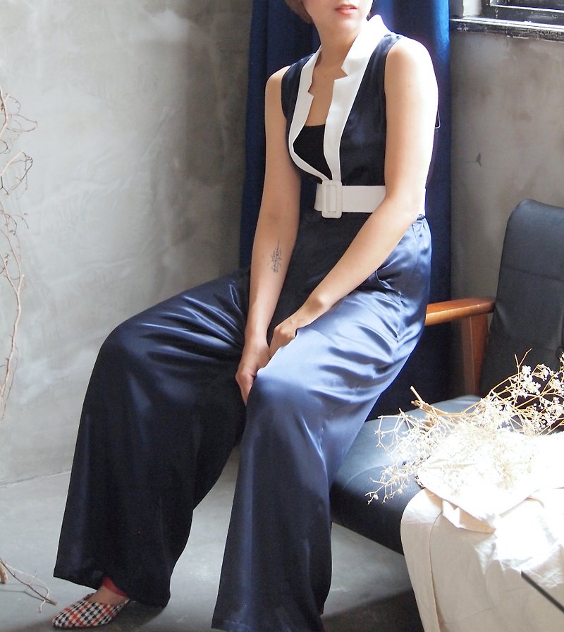 White-collar micro satin jumpsuit // Indigo - Overalls & Jumpsuits - Other Man-Made Fibers Blue