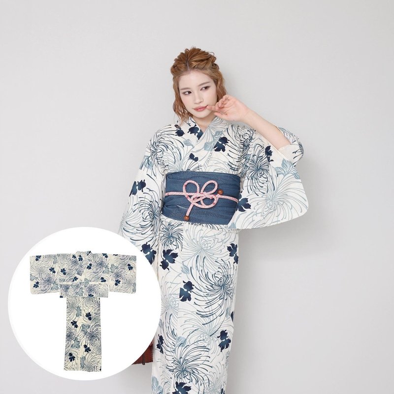 Women's two-piece yukata and obi set, size F x14h-18 - อื่นๆ - ผ้าฝ้าย/ผ้าลินิน สีน้ำเงิน