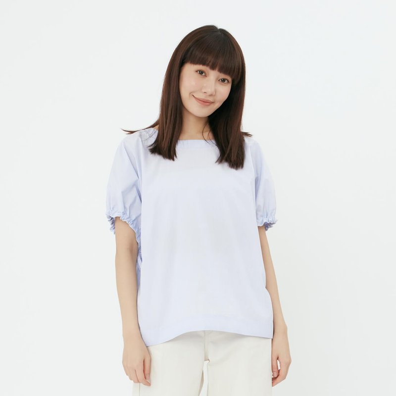 Grace Cotton Drawstring Puff Sleeves Top Shirt Blue Stripe - เสื้อเชิ้ตผู้หญิง - ผ้าฝ้าย/ผ้าลินิน สีน้ำเงิน