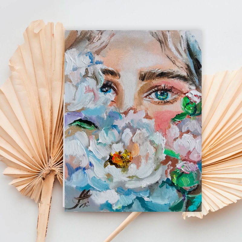 Face painting on canvas mini oil painting Peonies artwork - Wall Décor - Other Materials Transparent