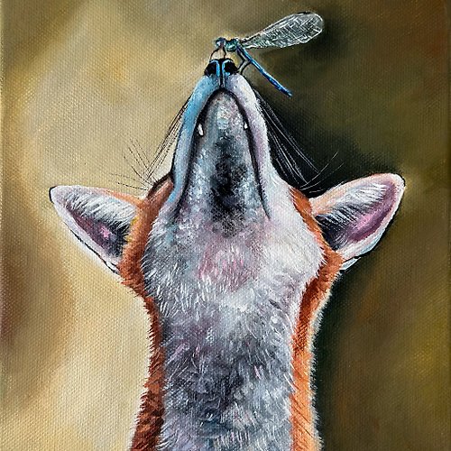 安娜森林藝術 Fox original painting, Fox wall art, Fox home decor ,Woodland animals, Dragonfly