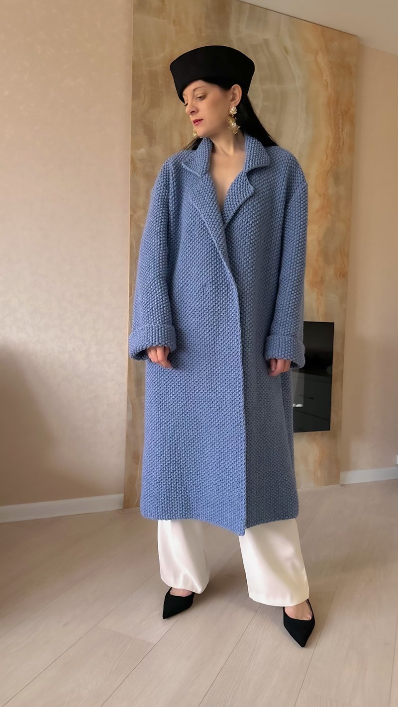 Long coat for women Double breasted coat with belt Blue wool coat - เสื้อแจ็คเก็ต - ขนแกะ 