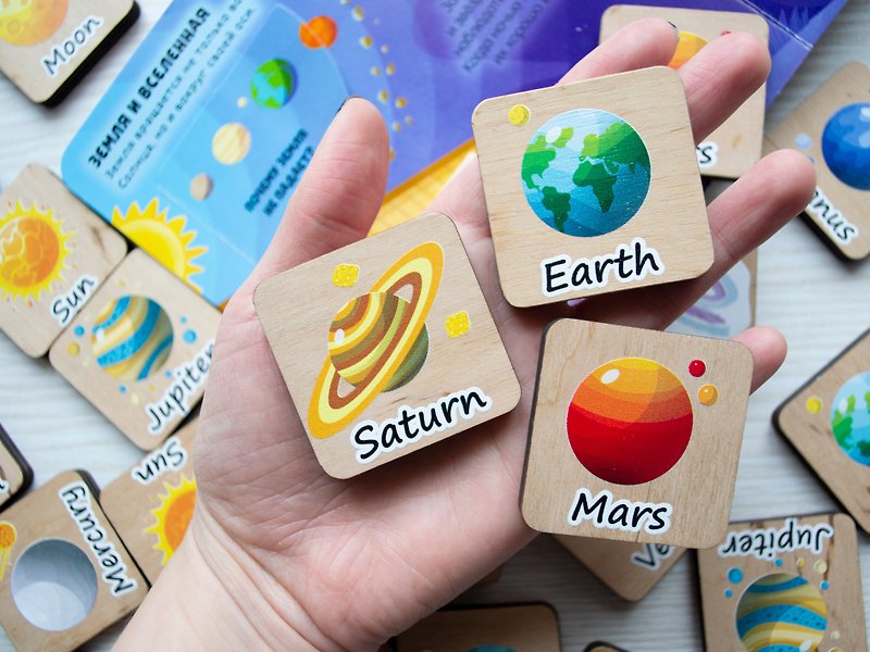 Planets Space, learning cards, educational toy, Memory game - Kids' Toys - Wood Multicolor