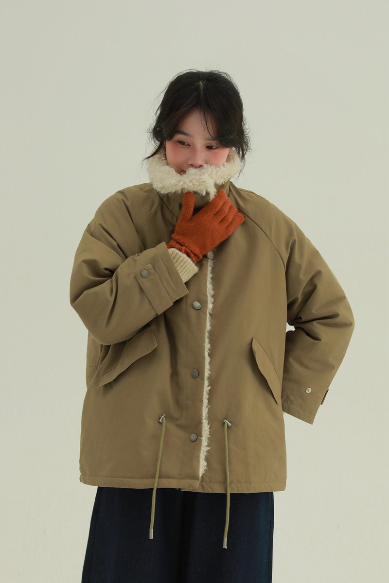 2顏色 捲毛90白鴨絨羽絨夾克 文藝復古派克冬季保暖加厚短外套 - 女裝外套/大衣 - 棉．麻 卡其色