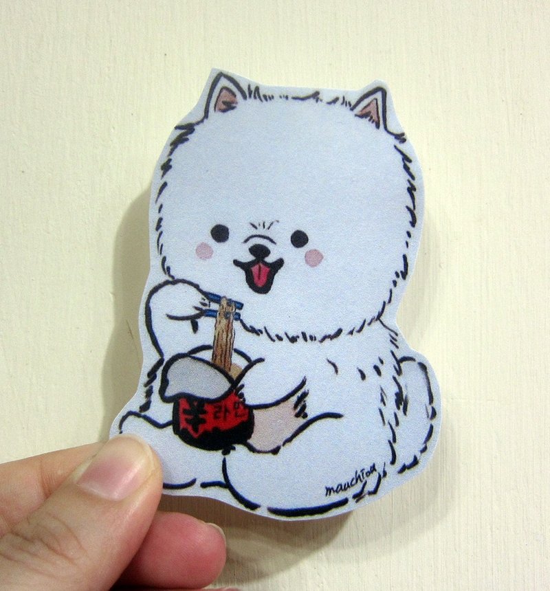 Hand-painted illustration style completely waterproof sticker Bai Bomei eat instant noodles Pomeranian - สติกเกอร์ - วัสดุกันนำ้ ขาว