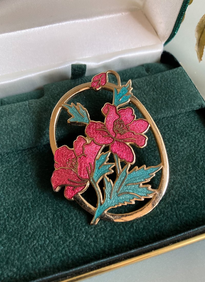 西洋古董 景泰藍嵌絲琺瑯 朱槿花簍空胸針 - 胸針 - 琺瑯 