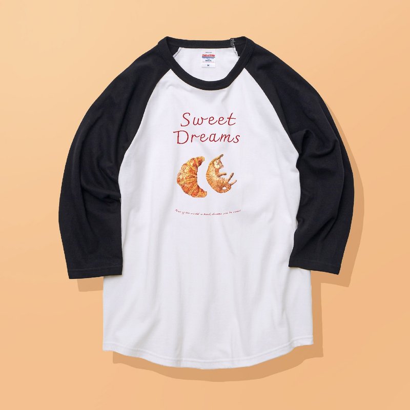 SWEET DREAMS_猫とクロワッサン /安心のクオリティ/リラックス七分袖Tシャツ - 女 T 恤 - 棉．麻 白色