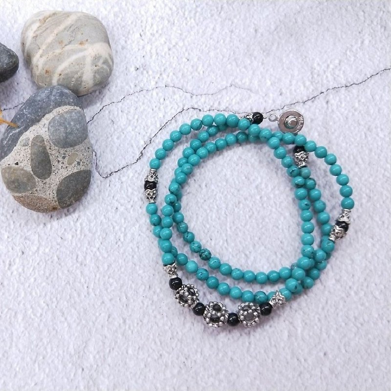 [108 Rosary Series] Turquoise*Black Coral*Basket Dice Rosary Multi-Loop Bracelet - Bracelets - Gemstone Blue