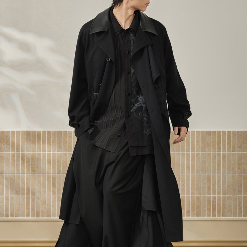 【晚宴】森系復古 小羊皮拼接飛片造型腰帶大衣/長款翻領風衣外套 - 男裝外套/大衣 - 羊毛 黑色