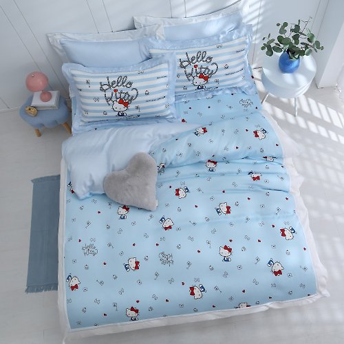 家適居家寢飾生活館 Hello Kitty-萊賽爾天絲-床包被套組- 海洋甜心-藍-滿版-正版授權