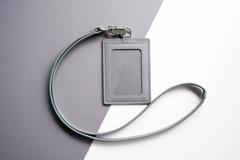 Neck-hanging ID card holder employee ID card, simple handmade [free color matching and engraving can be customized] gray - ID & Badge Holders - Genuine Leather Gray