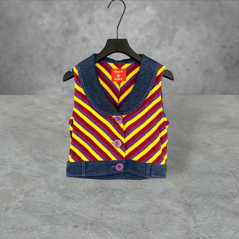 Colorful Knitted Denim Pocket Breasted Short Vest PF424 - เสื้อกั๊กผู้หญิง - เส้นใยสังเคราะห์ สีน้ำเงิน