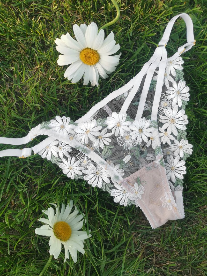 White daisies panties - Flower lace strapping brazilian - Sexy summer underwear - 女內衣褲 - 聚酯纖維 白色