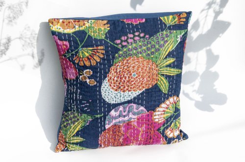 omhandmade 花朵刺繡抱枕套 純棉抱枕套 民族風抱枕套-法式風時尚藍花朵森林