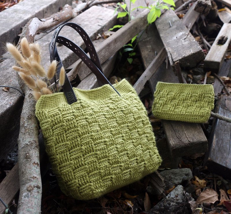 Handmade - Plaid Road Clutch Bag + Coin Purse - Autumn Fragrance Green - Warm Hand Woven Natural Ramie Woven Bag - กระเป๋าคลัทช์ - ผ้าฝ้าย/ผ้าลินิน สีเขียว