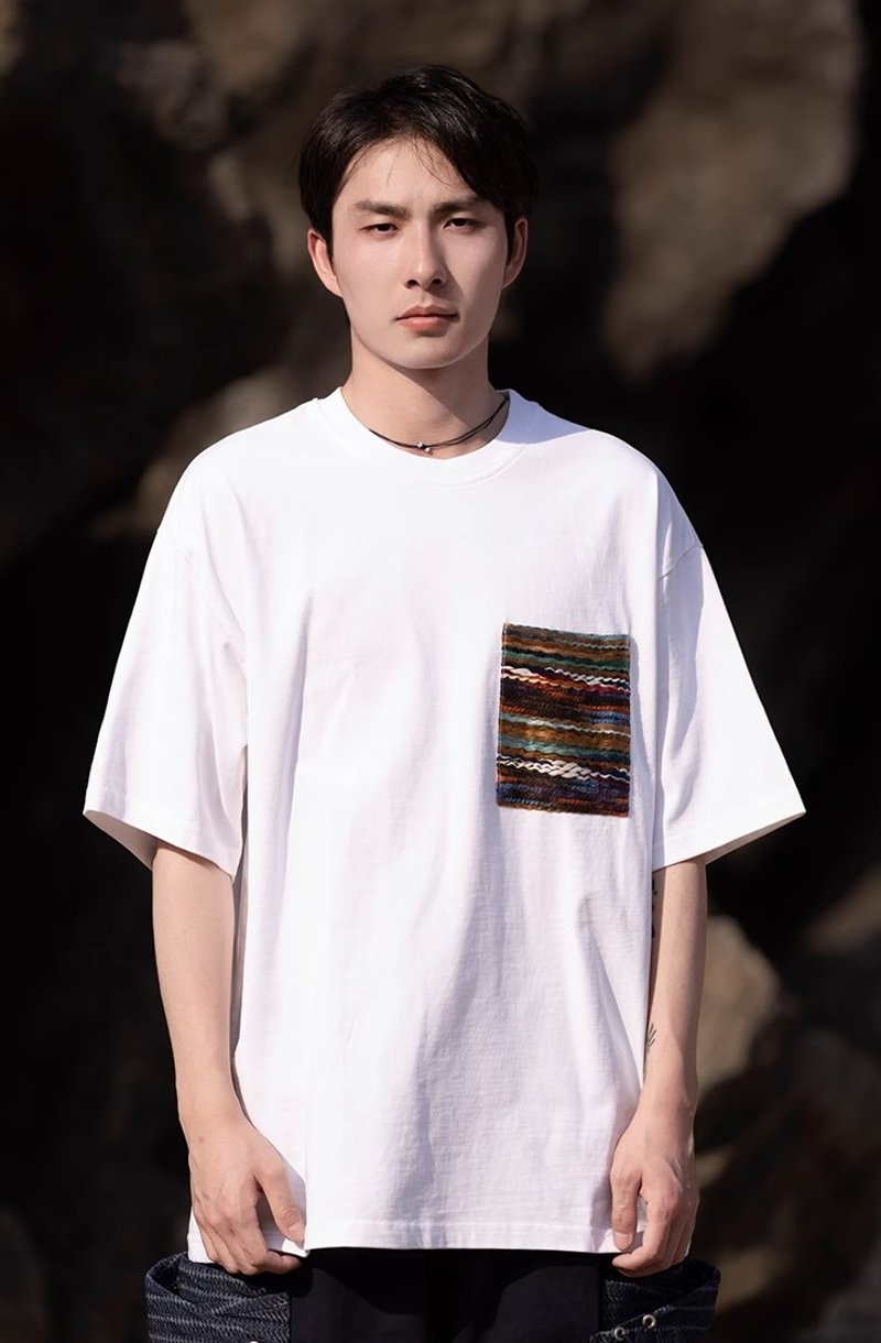 New Chinese retro Linen pocket short-sleeved T-shirt - Men's Shirts - Other Materials White