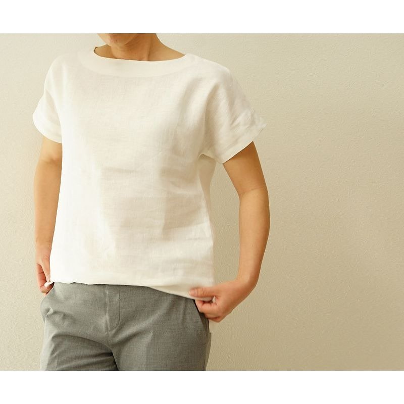 [Wafu] A trial product! Belgian linen 100% A drop shoulder T shirt / White t1-16 - เสื้อผู้หญิง - ผ้าฝ้าย/ผ้าลินิน ขาว