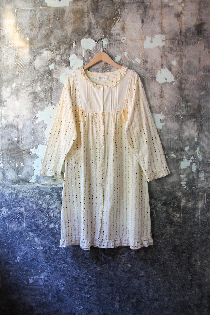 袅袅 department store-Vintage straight small yellow pattern cotton long-sleeved dress retro - One Piece Dresses - Cotton & Hemp 