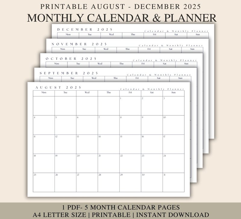 Minimalist 2025 Monthly Calendar: August-December, A4 Printable (PDF Download) - 其他數位商品 - 其他材質 