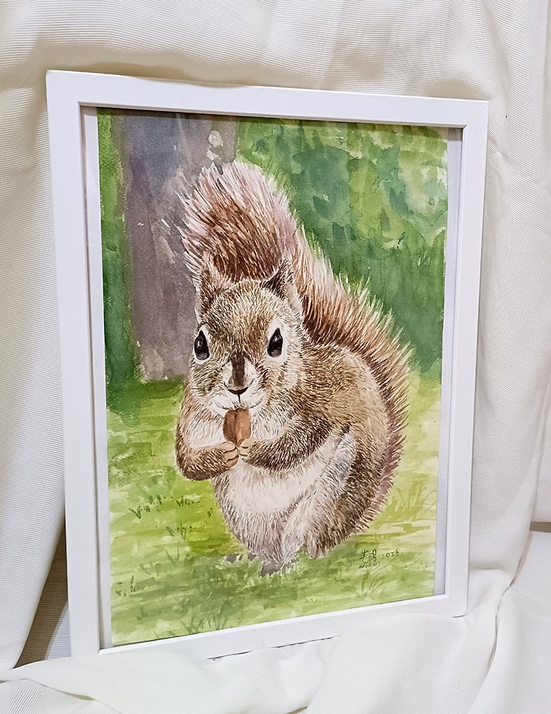 Squirrel eating - original watercolor painting | Cute squirrel in the forest - โปสเตอร์ - กระดาษ สีเขียว