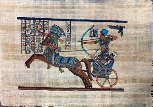 古代エジプト風 戦闘シーン アート. パピルス パピルス画 古代エジプト / 絵画 額装 (サインあり)/A3【中古