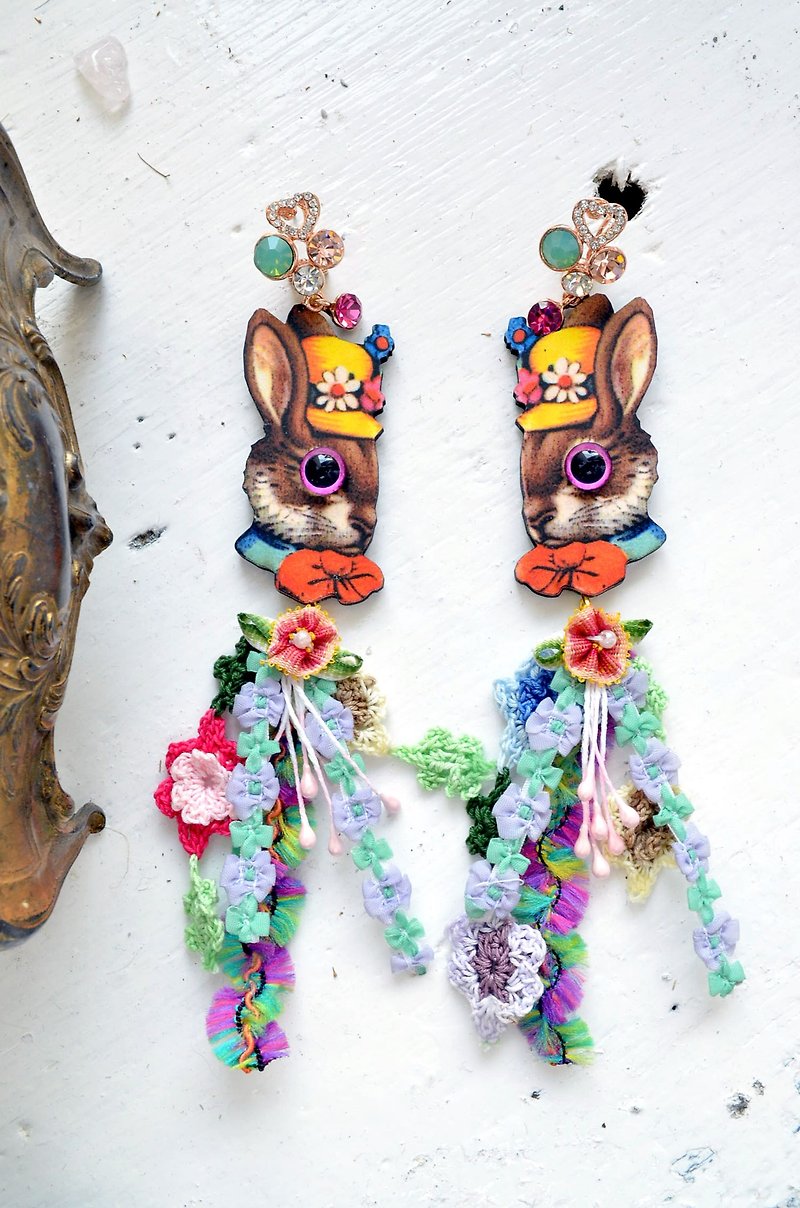 TIMBEE LO Party Rabbit Wooden Earrings Stereo Eyes Wood Chip Laser Cutting Making Colorful Bead Lace Flow - Earrings & Clip-ons - Wood Multicolor