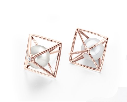 Majade Jewelry Design 珍珠鑽石耳環 14k玫瑰金金字塔耳環 簡約韓風耳釘 六月誕生石耳環