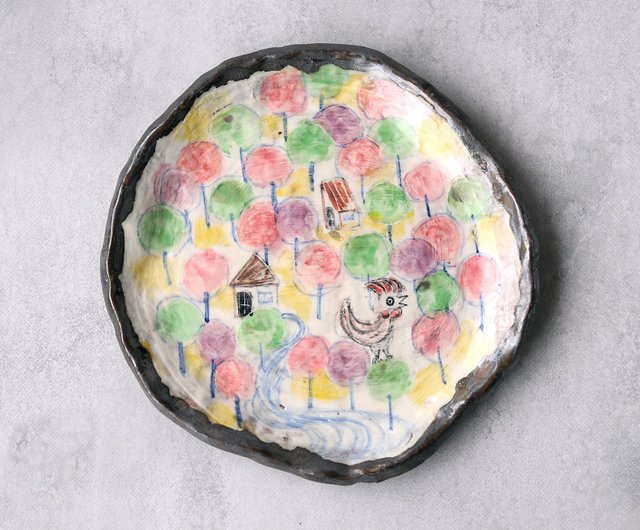 森の中の家と鳥（日本の里）・色絵四角皿 春の森の