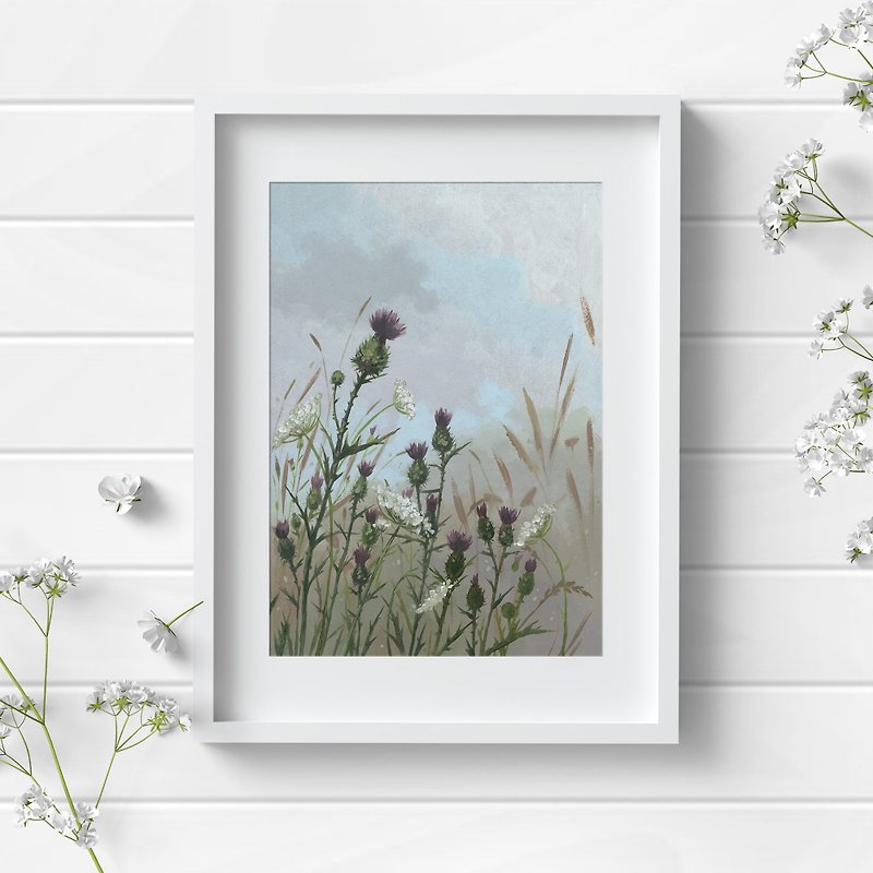 アザミの絵 野生の花 油絵 草原の花 壁アート 花のアートワーク - ポスター・絵 - その他の素材 グリーン