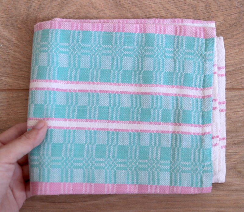 北歐鄉村粉綠條紋棉麻方紋老廚布 - 廚具 - 棉．麻 粉紅色