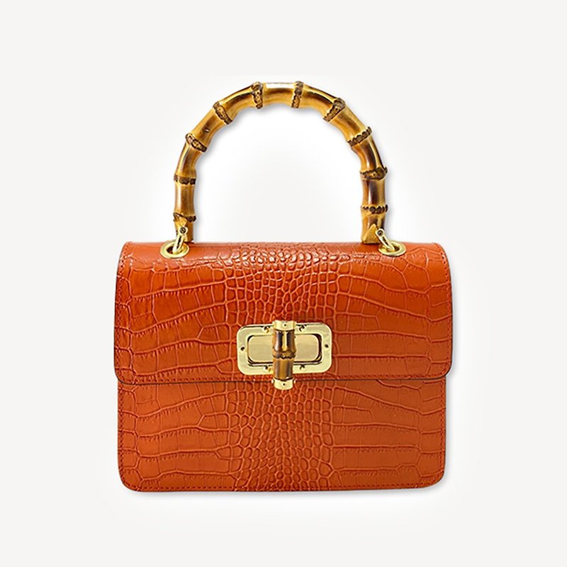 【Made in Italy】Daphne Bamboo Embossed Leather Bag - กระเป๋าแมสเซนเจอร์ - หนังแท้ สีส้ม