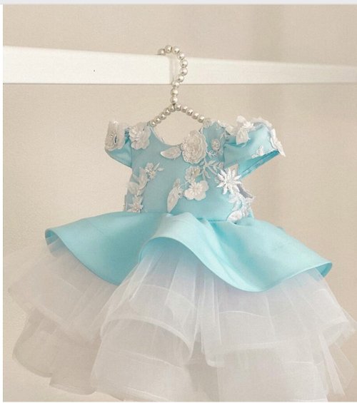 V.I.Angel Blue and white dress with 3d flowers and bow clip for hear. First birthday dress