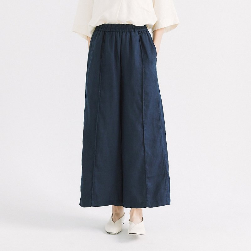【Simply Yours】Front-stitched linen wide pants blue and black F - Women's Pants - Cotton & Hemp Blue