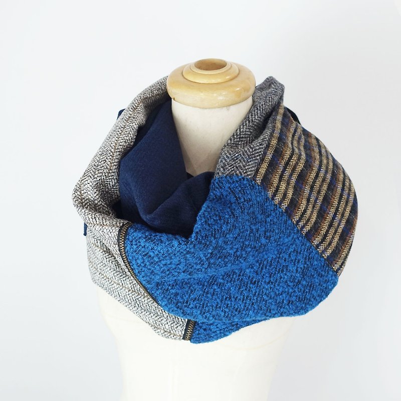 Multi-layer long loop towel zipper stitching - ผ้าพันคอถัก - ขนแกะ สีน้ำเงิน
