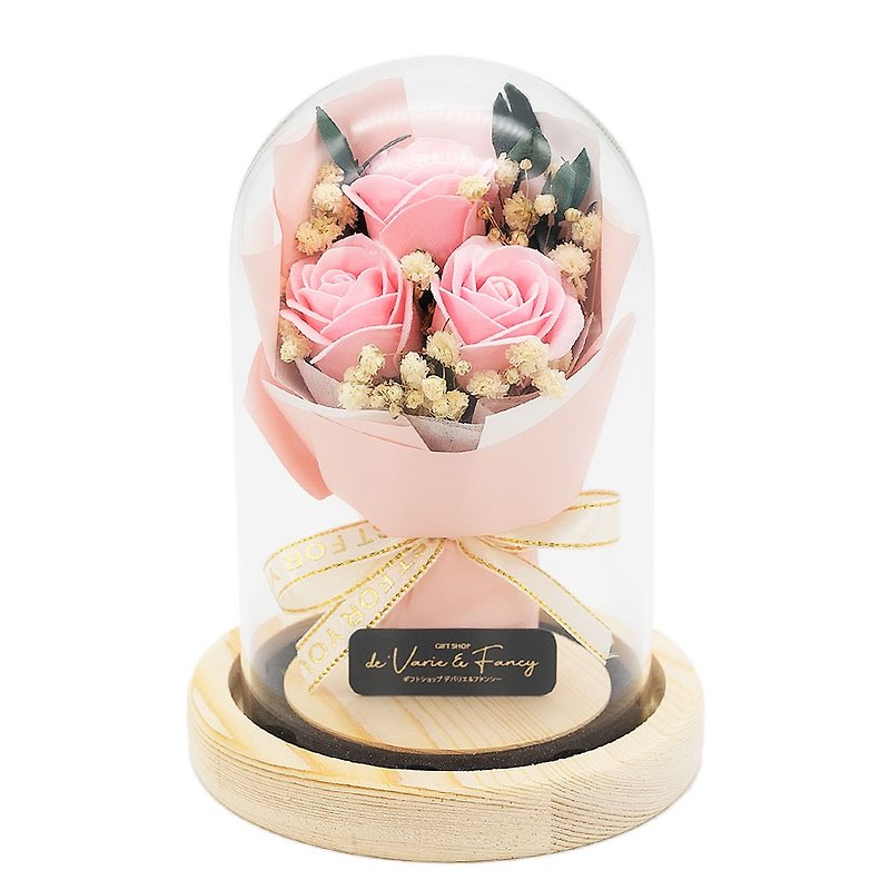 Devalier Soap Flower, Flower Dome, Rose, Bouquet, Natural Wood, Glass, Birthday Gift, Women's Flower lover , Devalier Original hi-01-pin - Items for Display - Glass Pink