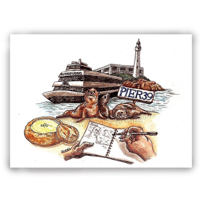 Hand-painted illustration universal card/card/postcard/illustration card--San Francisco Fisherman's Wharf, USA - Cards & Postcards - Paper Multicolor