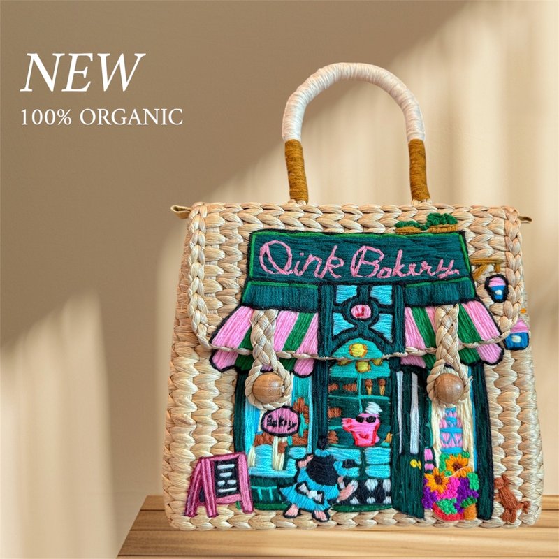 Water hyacinth woven bag, hand-embroidered with silk threads - 手提包/手提袋 - 繡線 