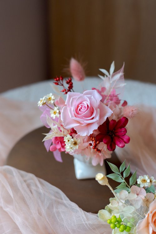 霂光花藝Muguang floral design 淡粉永生精緻盆花 永生花禮 乾燥花 生日禮物 居家擺飾 七夕 情人