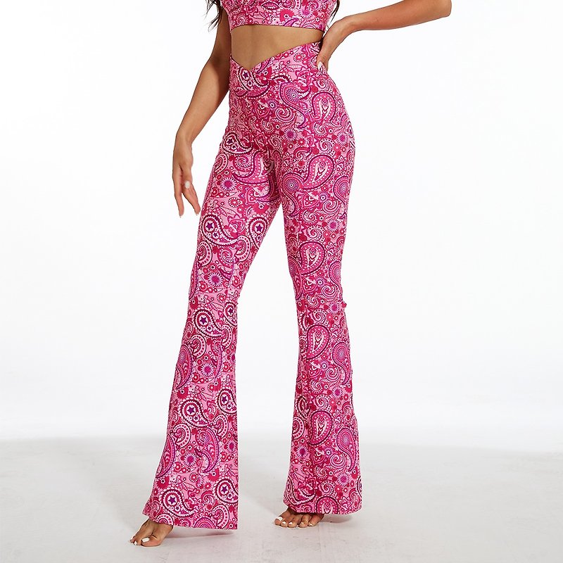 SILVERWIND玫瑰色印花緊身高彈顯瘦瑜伽褲健身高腰提臀微叭運動褲 - 運動褲/緊身褲 - 環保材質 粉紅色
