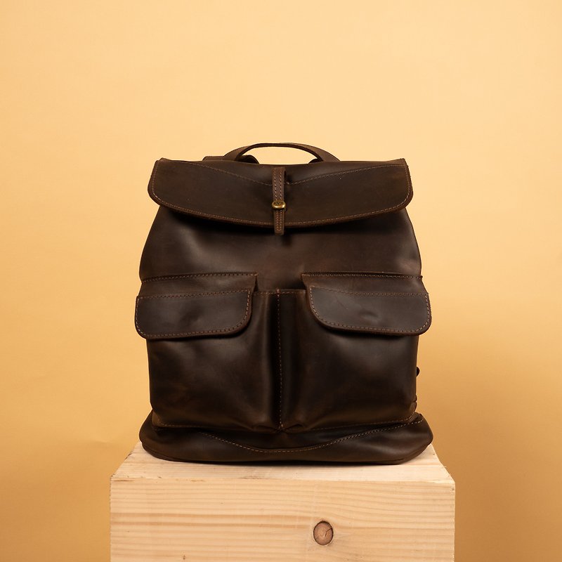 Handcrafted leather BACKPACK with cotton lining. Citi Rucksack - 後背包/書包 - 真皮 咖啡色