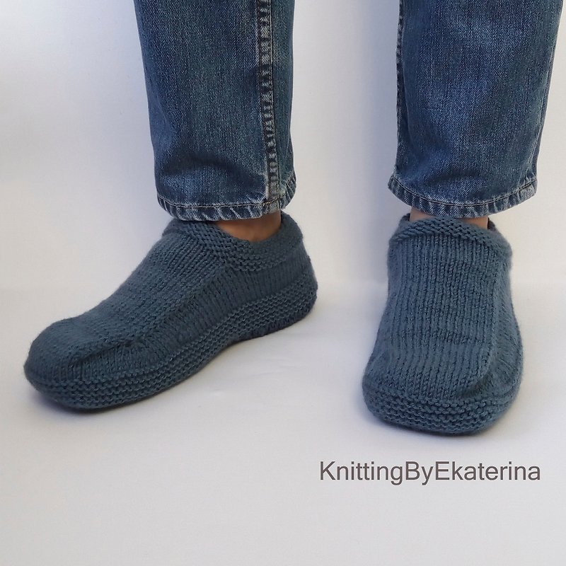 Steel Blue Knit Slippers, Custom Gift Ideas for Him, Mens Knit Moccasin Socks - Slippers - Wool Blue