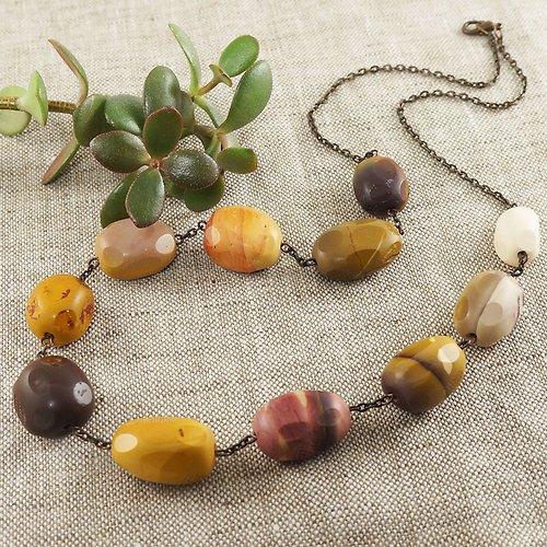 AGATIX Yellow Cherry Red Brown Mookaite Jasper Large Stone Chunky Necklace Jewelry Gift