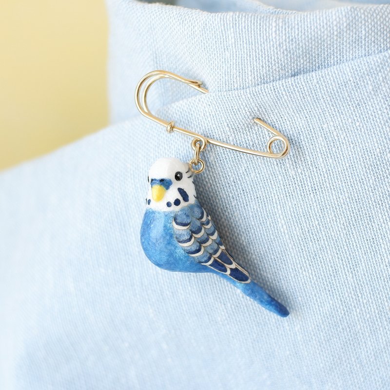 Washi paper accessory brooch Budgerigar Parakeet Bird pet - Brooches - Other Materials Blue