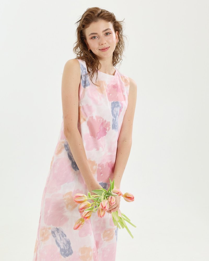 BIRUCHU PASTEL WATERCOLOR DRESS - Cotton sleeveless dress with lining 長洋裝 - One Piece Dresses - Cotton & Hemp Pink