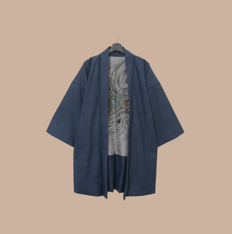Back to Green-日本帶回羽織 青龍 海浪 閃電M-37/vintage kimono - 女大衣/外套 - 絲．絹 