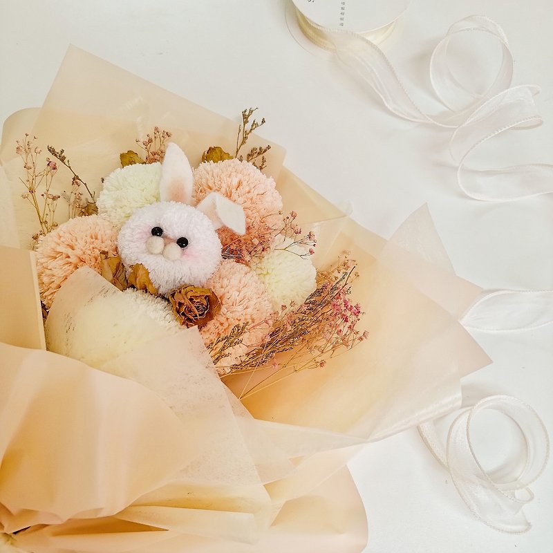 毛球花束 - 兔子款 - 乾燥花/永生花 - 羊毛 粉紅色